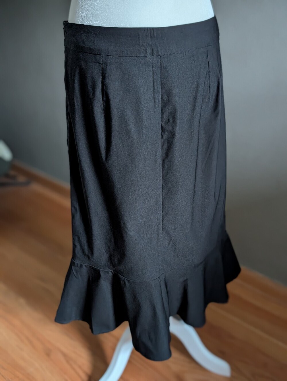 NWT Kate Kasin Size XL Black High Waist Mermaid Trumpet Ruffle Hem Midi Skirt - Picture 3 of 5